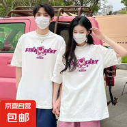 【180g短袖】精梳100%純棉t恤時(shí)尚白色情侶裝男女同款寬松短袖 白色-草莓熊 L 【110-125斤】