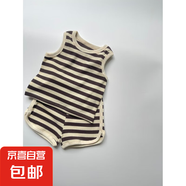 【韓版ins條紋寶寶套裝】圓領(lǐng)背心 短褲華夫格條紋套裝男女寶寶 灰條 90 cm