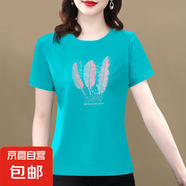 【送媽媽禮物】純棉短袖t恤女2025夏季百搭大碼女裝印花媽媽裝 湖綠羽毛 3XL 【建議135-145斤】