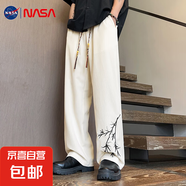 NASA【高潮刺繡】高彈褲男夏季薄款闊腿直筒國風休閑長褲 K81#米白 M