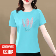 【送媽媽禮物】純棉短袖t恤女2025夏季百搭大碼女裝印花媽媽裝 淺蘭羽毛 XL 【建議115-125斤】
