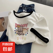 港味正肩印花短袖t恤夏季新款洋氣百搭爆款學(xué)生設(shè)計感小飛象上衣 73款黑領(lǐng)【高品質(zhì)】 L  建議105-120斤