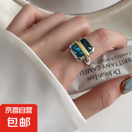 戒指女方形復(fù)古做舊簡約ins風(fēng)開口指環(huán) 藍(lán)寶石戒指銀色戒指