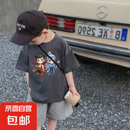 兒童純棉短袖t恤夏季2025夏男童休閑哪咤服裝男孩打底半袖上衣-SL 單件半袖#深灰色哪吒12 130  （建議50-60斤）