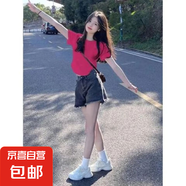 宋正恩女裝紅色t恤女短袖短款緊身辣妹上衣夏裝純棉修身正肩體恤 T281玫紅色 L