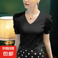 泡泡袖棉質(zhì)短袖T恤女士?jī)?nèi)搭夏季新款氣質(zhì)打底衫時(shí)尚休閑百搭上衣 K7-黑色 4XL 建議145-155斤
