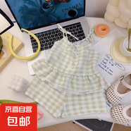 【兒童吊帶套裝】女童夏季格子控蝴蝶背心裙女寶洋氣格子短褲 綠色 80 碼建議身高65-75cm