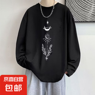 長袖t恤男潮流印花圓領(lǐng)打底衫寬松百搭上衣男裝 投領(lǐng)長T月亮花黑色 L