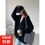 超火cec短款衛(wèi)衣女春秋拉鏈連帽薄款開衫外套韓版ins潮寬松上衣服 黑色 XL
