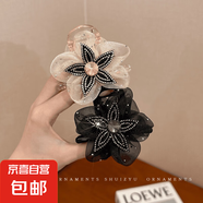 網(wǎng)紗花朵抓夾女2025新款扎馬尾發(fā)夾后腦勺發(fā)卡丸子頭鯊魚夾子頭飾 黑色+香檳色2件