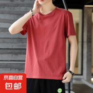 棉短袖t恤男款夏季2024潮流款圓領體恤寬松半袖淺色夏天上衣服 大紅圓領短袖棉 M【建議90-105斤】