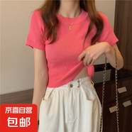 今年流行漂亮夏季短款獨特超好看白色冰絲針織衫短袖T恤小上衣女 35瓜紅 均碼