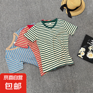2025年夏季新款個性條紋撞色V領(lǐng)文藝短袖t恤女上衣打底衫#YH1040 藍色 2XL (130-140斤)