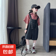 女童夏季套裝2025新款格子短袖背帶褲中大童女孩牛仔洋氣兩件套潮 紅色格子襯衫+牛仔背帶短褲 薄款 140
