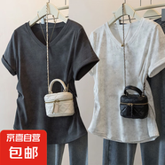 夏季新款扎染獨特設(shè)計短袖t恤女大碼寬松胖mm顯瘦遮肚V領(lǐng)百搭上衣 K24-深灰色+白色 2XL 建議體重130-150斤