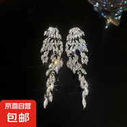 銀針長款鑲鉆羽毛流蘇耳環(huán)跨境新款設(shè)計感耳墜輕奢高級感樹葉耳飾 銀針-銀色