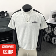 復(fù)古拼色立領(lǐng)短袖t恤男設(shè)計(jì)款半袖情侶裝polo衣服體恤衫男裝XH 灰色 XL