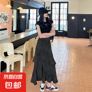 半身裙女夏季2025新款韓版A字開(kāi)叉不規(guī)則長(zhǎng)裙粉色荷葉邊蛋糕裙子 黑色 2XL 【建議130-140斤】