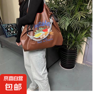 蛋白皮刺繡環(huán)保袋時尚百搭運動防水單肩斜挎托特包【無肩帶】 棕色蔬菜【皮質】 大號