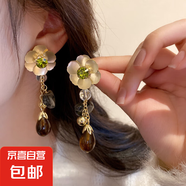 銀針鑲鉆水晶珍珠耳環(huán)歐美復(fù)古輕奢長款耳墜清新甜美高級感耳飾女 30#銀針-金色花朵愛心珍珠