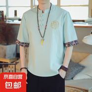 左斯客亞麻短袖T恤男V領(lǐng)寬松半袖中國風(fēng)唐裝男潮牌復古潮流胖子棉 橄欖綠 YM51 3XL
