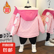 男童冬裝加絨加厚收腰風(fēng)衣女秋冬款兔子印花連帽棉衣外套 滿印蝴蝶結(jié)加絨風(fēng)衣粉色 100