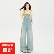 美式街牛仔背帶褲女夏季2025新款寬松復古腰直筒小個子闊腿褲 淺藍色 703 背帶褲 XS
