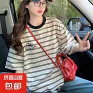 爆款印花條紋短袖黑白T恤女新款美式復古女夏季設計寬松圓領上衣 黑條紋3003 XL  建議130-150斤