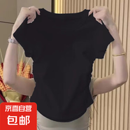 不規(guī)則褶皺設(shè)計(jì)感辣妹顯瘦圓領(lǐng)短款上衣春夏新款正肩修身短袖T恤 B175-黑色 L 建議105-120斤