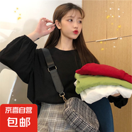 2024韓版chic甜美復(fù)古顯瘦抽褶燈籠袖上衣減齡早秋長(zhǎng)袖T恤女 黑色 L