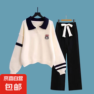 2024秋季女裝學生套裝少女孩POLO領(lǐng)衛(wèi)衣學院寬松洋氣運動褲兩件套 WX-204【杏色】 160cm