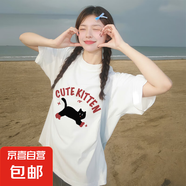 【重磅純棉】短袖t恤時尚印花白上衣情侶裝男女同款寬松潮流半袖 白色CUTE貓 XL 【125-140斤】