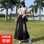 黑色牛仔半身裙女春夏季2025新款高腰復(fù)古水洗毛邊中長(zhǎng)款a字傘裙 黑色 【MY-5403】 2XL