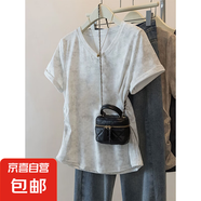 夏季新款扎染獨(dú)特設(shè)計(jì)短袖t恤女大碼寬松胖mm顯瘦遮肚V領(lǐng)百搭上衣 K24-白色 XL 建議體重115-130斤
