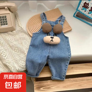 立體小熊背帶褲嬰兒可開(kāi)襠薄款男寶牛仔兒童褲秋季早秋吊帶褲褲襠 寶藍(lán)色 立體小熊牛仔背帶褲 110 （35-40斤）