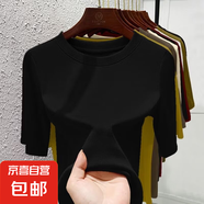 圓領短袖t恤女2025夏季顯瘦時尚潮流新款修身百搭半袖打底衫上衣 愚仁1052黑色 XL