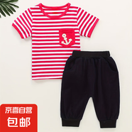 男童夏裝短袖套裝夏款女童時(shí)尚短袖條紋+哈倫褲短褲套裝 紅色 常規(guī) 130