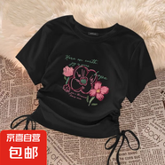 新中式女童純色短款上衣夏季兒童洋氣薄半袖中大童抽繩設(shè)計(jì)款短袖 黑色 四花瓣 160