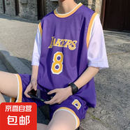 24號籃球服男士短袖套裝夏季冰絲網(wǎng)眼運動五分短褲兩件套學(xué)生班服 8號紫色1004 XL