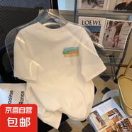 男士T恤時尚青少年純白圓領上衣印花百搭休閑復古上衣情侶裝同款 冰絲短袖 白色 小色彩 2XL (135-150斤可穿)