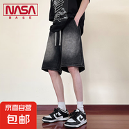 NASA BASE美式復古水洗直筒牛仔短褲男潮牌寬松闊腿大碼五分褲子 JYF-H20黑灰 L