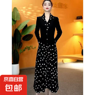 2025洋氣媽媽連衣裙春季彈力中年女裝假兩件波點顯瘦裙子1334901 黑色 5XL