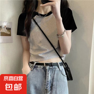 純棉短款撞色短袖t恤女夏季2025新款內(nèi)搭體恤辣妹外穿插肩上衣038 038純灰拼黑 2XL 建議125-140斤