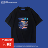 100%純棉原創(chuàng)短袖t恤男夏季潮牌個性印花寬松半袖青少年圓領(lǐng)體恤 黑色-夢幻女神 2XL