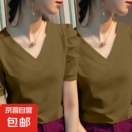 短袖t恤女2025新款夏純棉純色泡泡袖上衣V領(lǐng)修身顯瘦正肩爆款體恤 K7-姜黃色+姜黃色 L 建議105-115斤