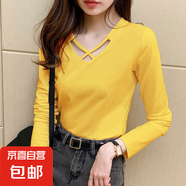 設(shè)計感長袖t恤女春秋裝2025新款休閑顯瘦純色修身雙V領(lǐng)打底衫上衣 黃色 2XL