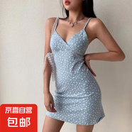 美式辣妹內(nèi)搭印花v領吊帶連衣裙女夏新款碎花吊帶裙女裝 裙3-灰藍 XXL