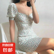 2025夏季新款雪紡復(fù)古泡泡袖方領(lǐng)鎖骨連衣裙少女風(fēng)碎花新中式女裝 杏色 2XL