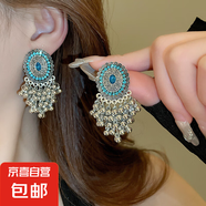 民族風(fēng)鳳凰月牙流蘇耳釘小眾復(fù)古設(shè)計(jì)感耳環(huán)夏季女輕奢高級(jí)感耳飾 23#鋼針-銀色-藍(lán)色