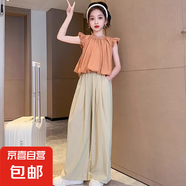 【女童夏裝套裝】2025新款兒童時髦洋氣大童裝夏季冰絲闊腿褲 杏色 150